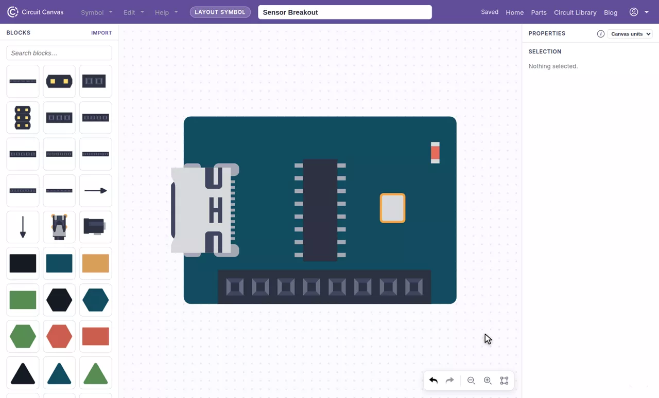 A breakout board drawn in the symbol editor from ready-made blocks
